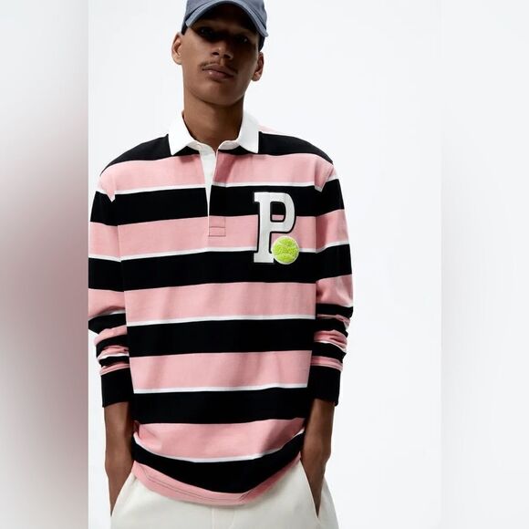 ZARA Patch Striped Polo Pink and Black, Unisex, Men size Small - Picture 2 of 15